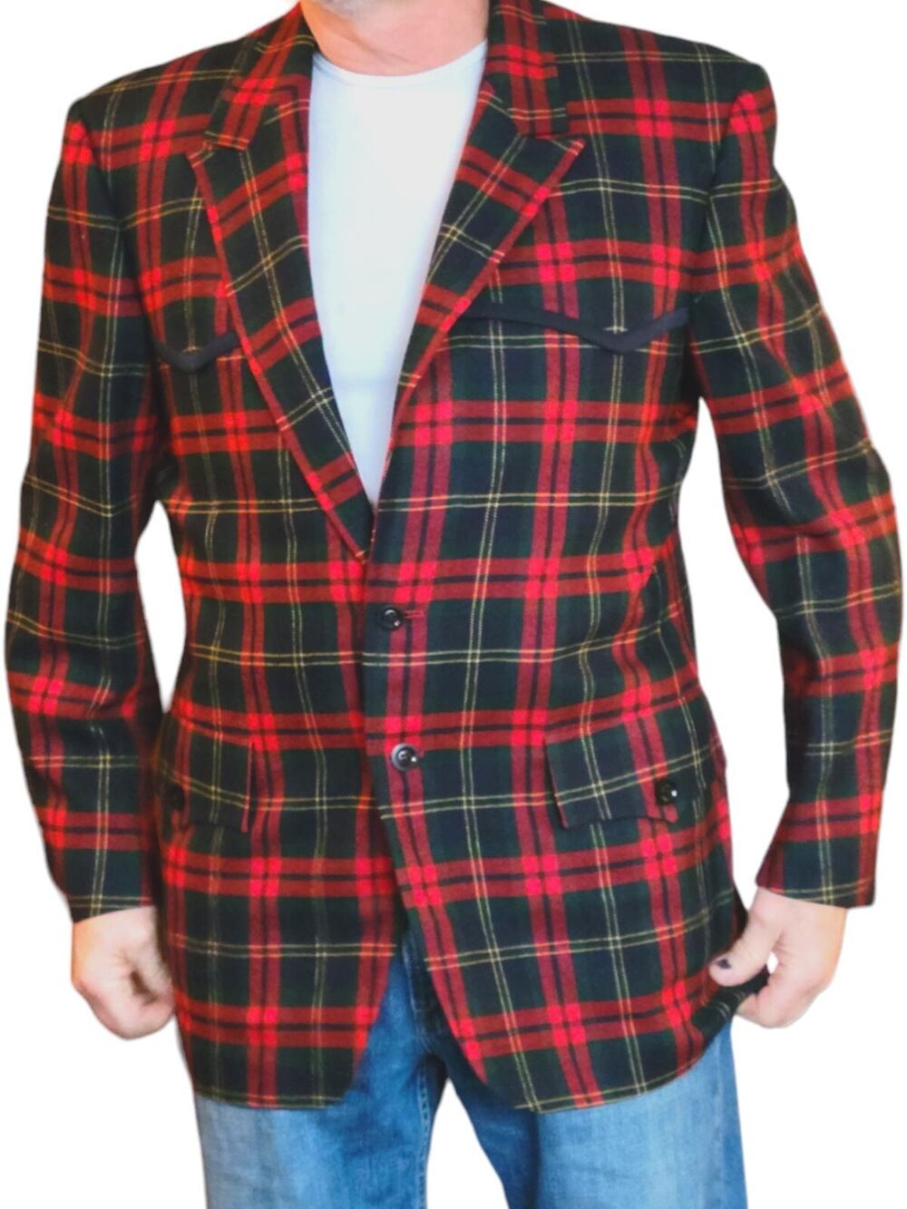Vintage Men's Festive Western 42R Bold Red Plaid Wool Sportcoat Perri Chicago